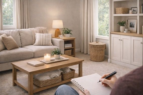 Ljust och harmoniskt vardagsrum med ordnad förvaring och neutrala toner